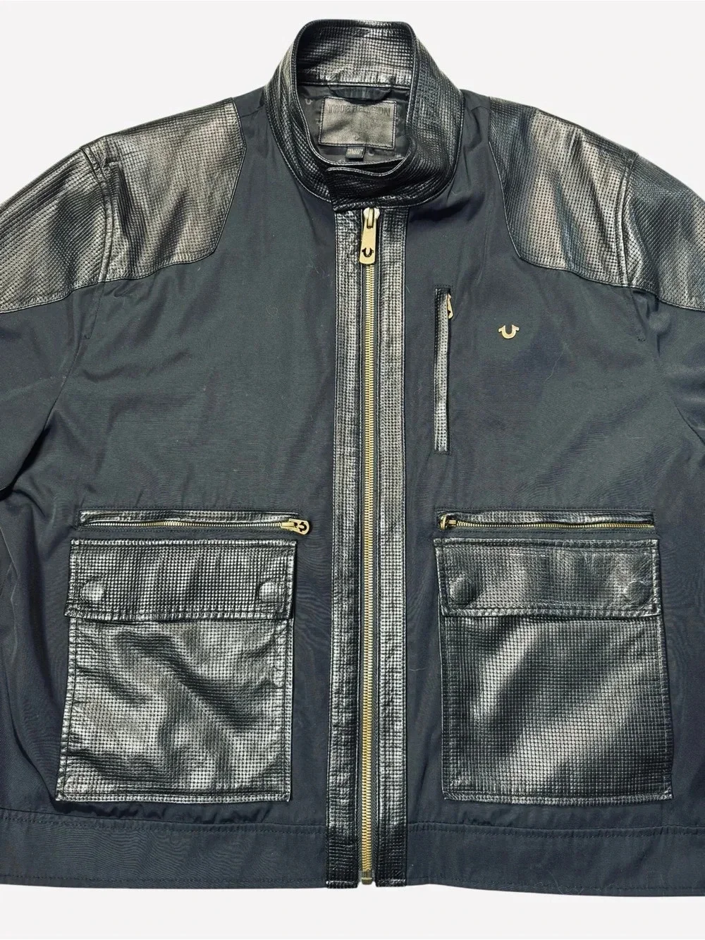 True Religion Black Bomber Mix Media Cotton Leather Jacket Size 3XL